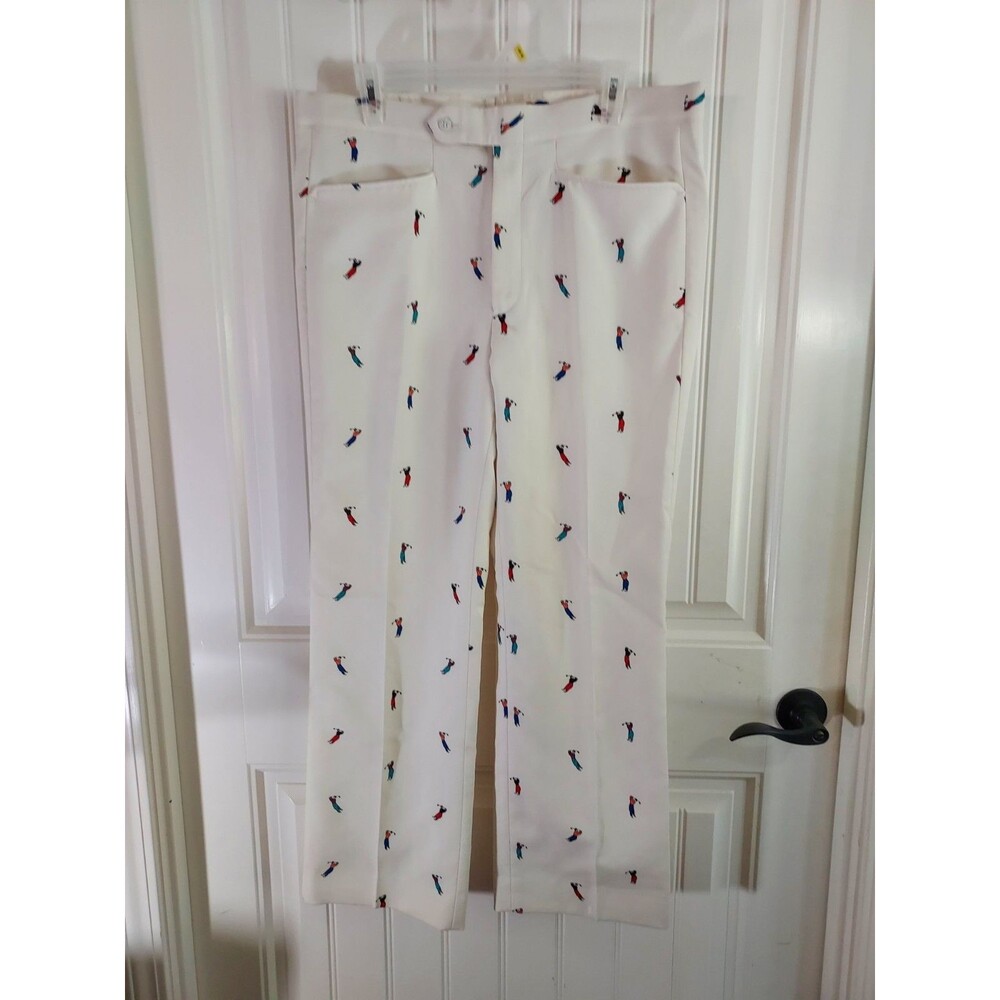 VTG Sansabelt Golf Trousers White Embroidered Golfer All Over Print 36x40 Retro